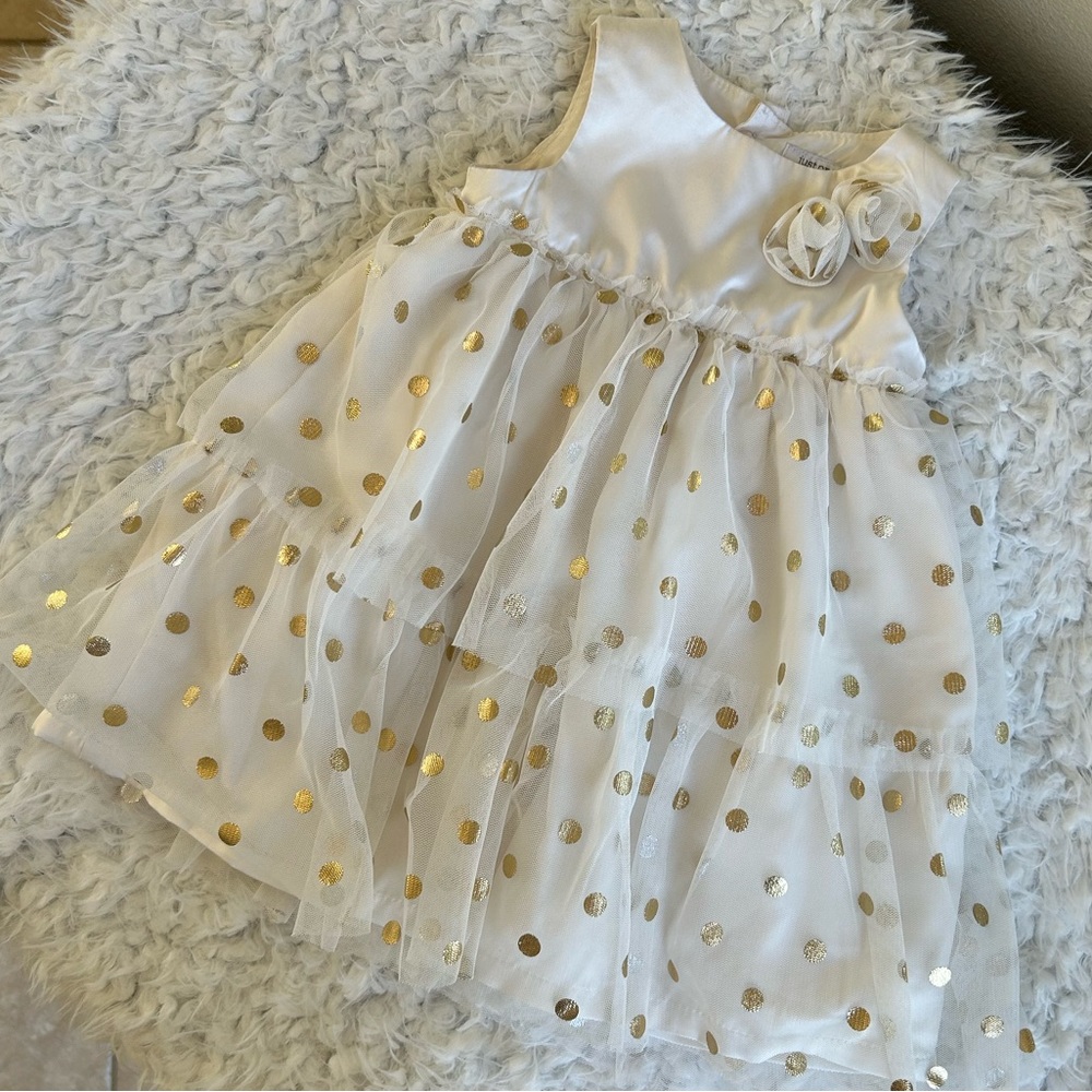 Just One you ivory and metallic gold dot mesh dress
